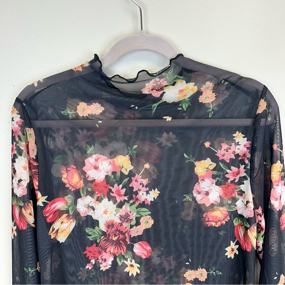 Floral Mesh Long Sleeve L XL Crop Top Black Whimsigoth Fairy Romantic 90s Y2K - Picture 7 of 8